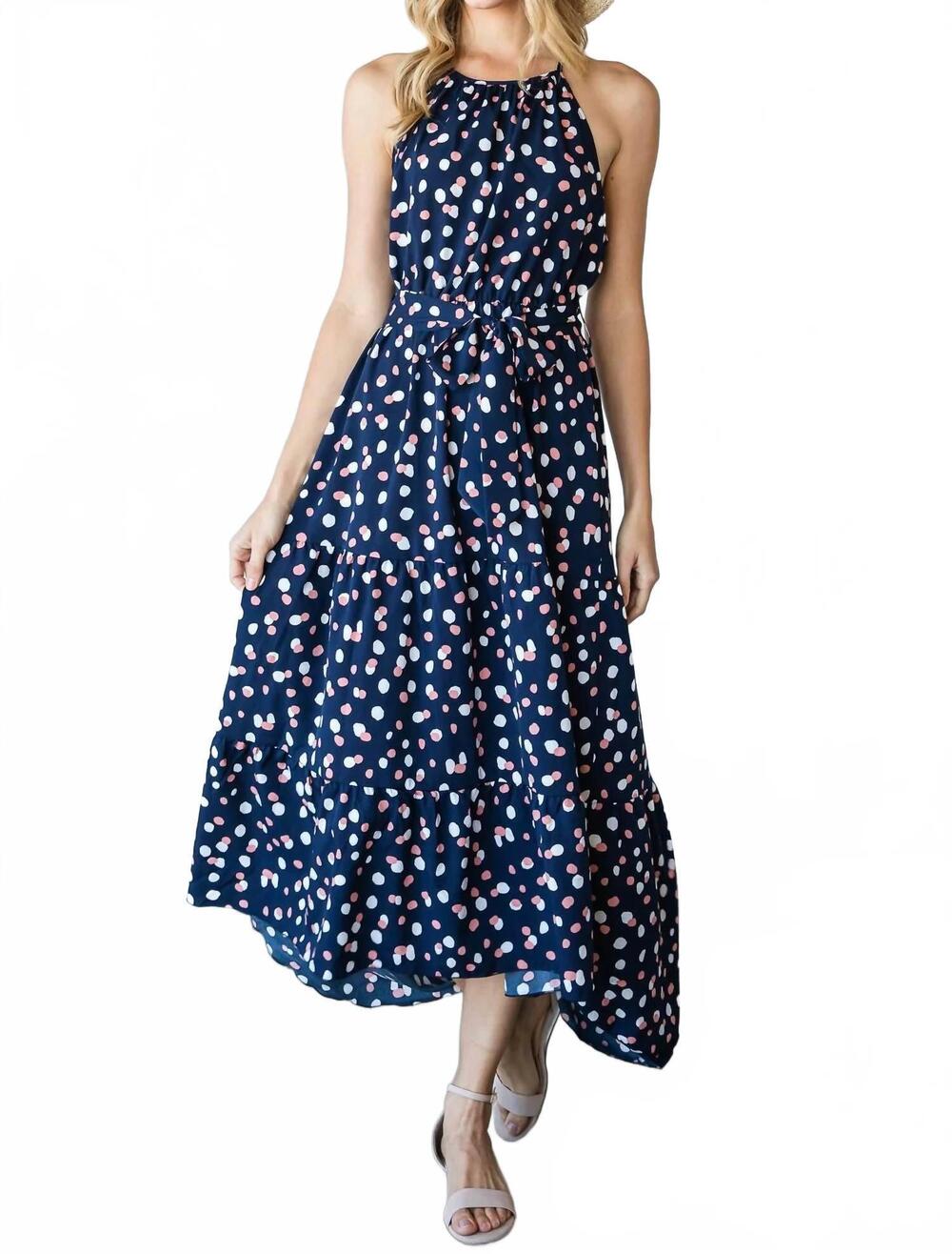 NEW CY FASHION happy polka dot halter maxi dress in navy